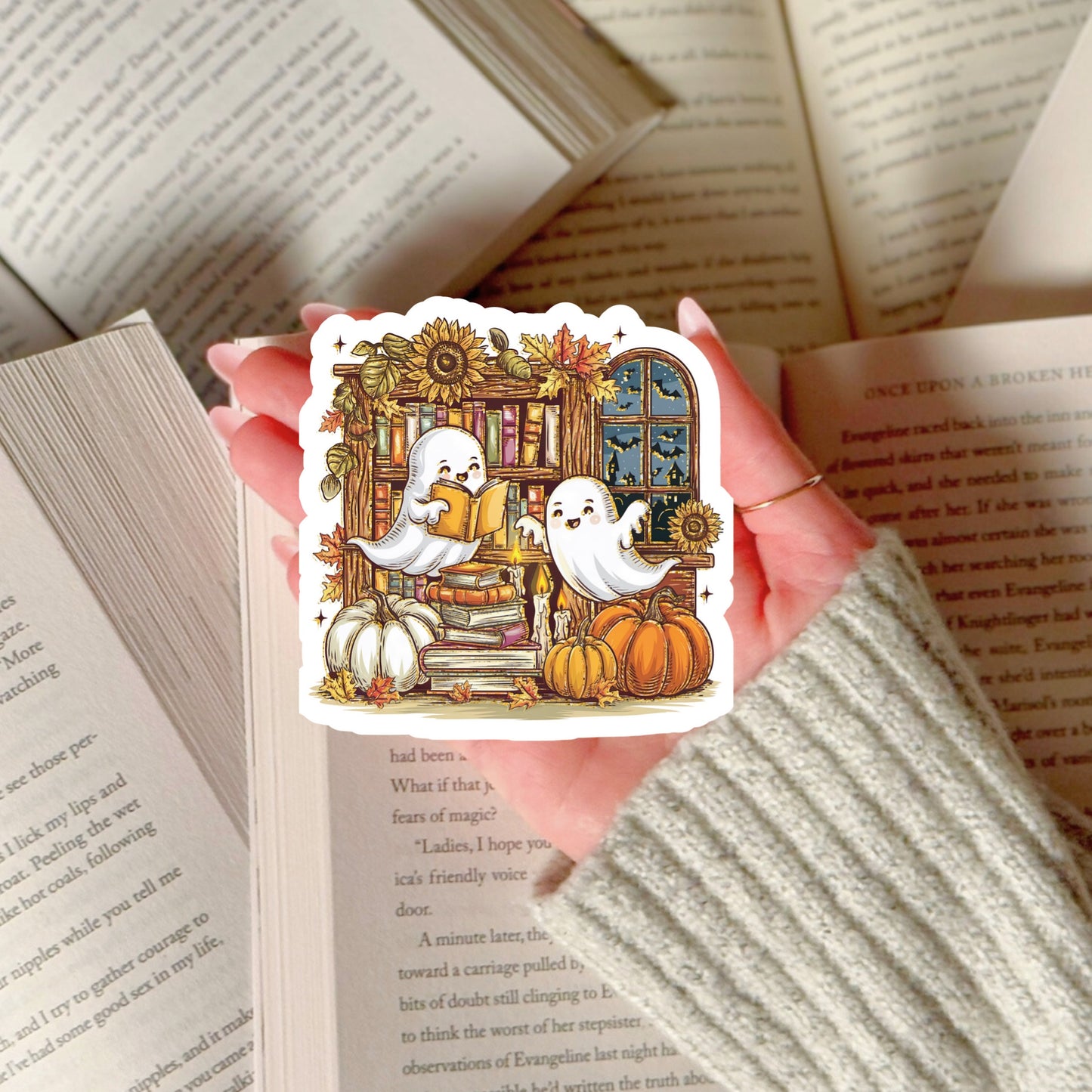 Fall Themed Ghosts Reading Books – 3" Waterproof Bookish Sticker with Holo Overlay – Reading, Books, Reader Gift, Book Lover