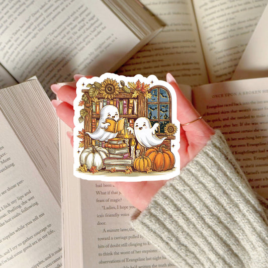 Fall Themed Ghosts Reading Books – 3" Waterproof Bookish Sticker with Holo Overlay – Reading, Books, Reader Gift, Book Lover