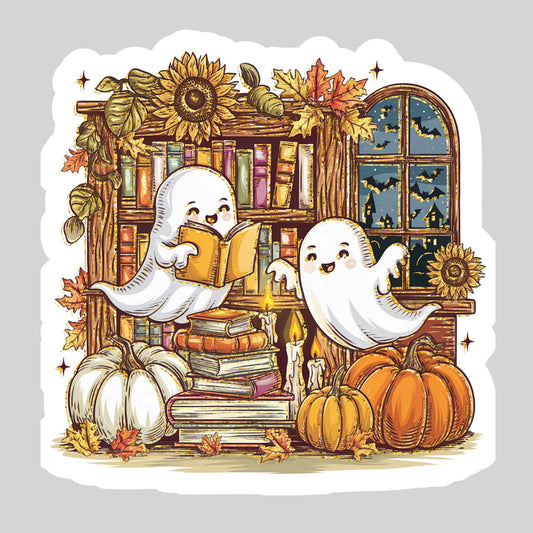 Fall Themed Ghosts Reading Books – 3" Waterproof Bookish Sticker with Holo Overlay – Reading, Books, Reader Gift, Book Lover