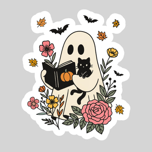 Floral Ghosty with Kitty Cat reading Books – 3" Waterproof Bookish Sticker with Holo Overlay – Reading, Books, Reader Gift, Book Lover
