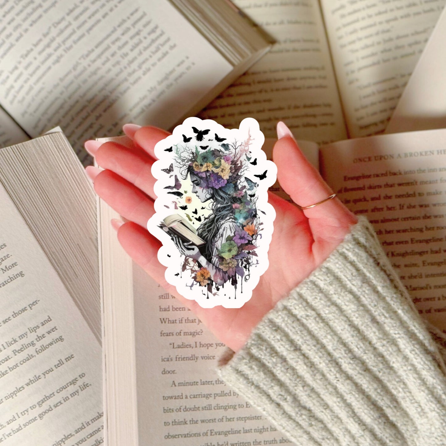 Gothic Wiccan Witch with Birds Reading Books – 3" Waterproof Bookish Sticker with Holo Overlay – Reading, Books, Reader Gift, Book Lover