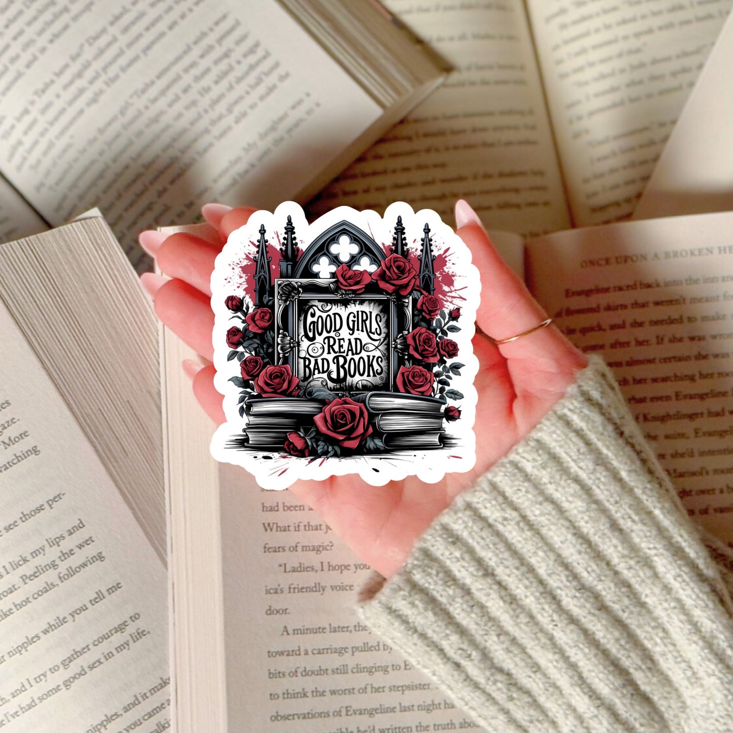 Good Girls Read Bad Books Gothic Catch with Roses Dark ROmance – 3" Waterproof Bookish Sticker with Holo Overlay – Reading, Books, Reader Gift, Book Lover