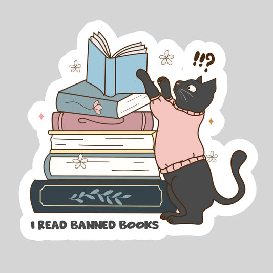 I Read Banned Books with Cat Book Reader Sticker – 3" Waterproof Bookish Sticker with Holo Overlay – Reading, Books, Reader Gift, Book Lover, Bookstore Merch