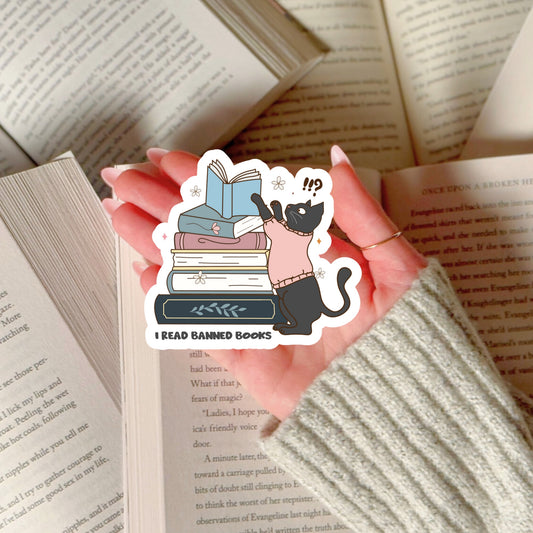 I Read Banned Books with Cat Book Reader Sticker – 3" Waterproof Bookish Sticker with Holo Overlay – Reading, Books, Reader Gift, Book Lover, Bookstore Merch