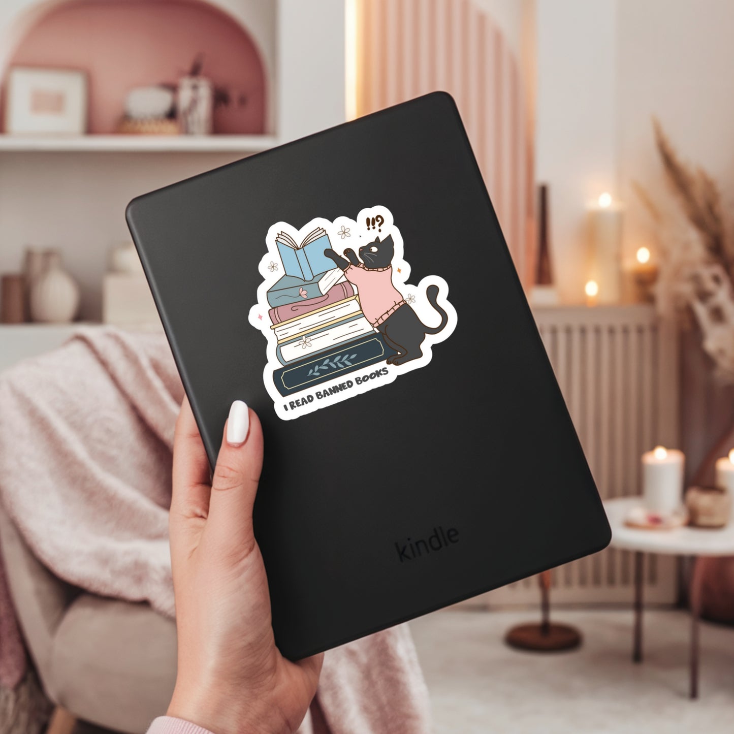 I Read Banned Books with Cat Book Reader Sticker – 3" Waterproof Bookish Sticker with Holo Overlay – Reading, Books, Reader Gift, Book Lover, Bookstore Merch