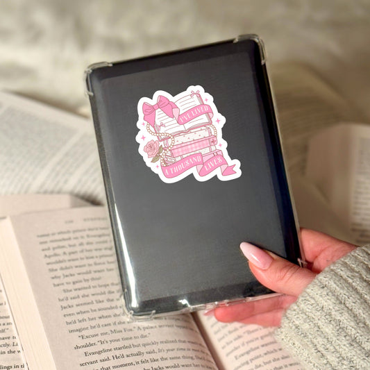 I've Lived a Thousand Lives Pink Girlie Coquette Book Reader Sticker – 3" Waterproof Bookish Sticker with Holo Overlay – Reading, Books, Reader Gift, Book Lover, Bookstore Merch