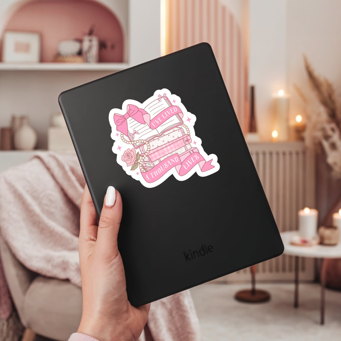 I've Lived a Thousand Lives Pink Girlie Coquette Book Reader Sticker – 3" Waterproof Bookish Sticker with Holo Overlay – Reading, Books, Reader Gift, Book Lover, Bookstore Merch