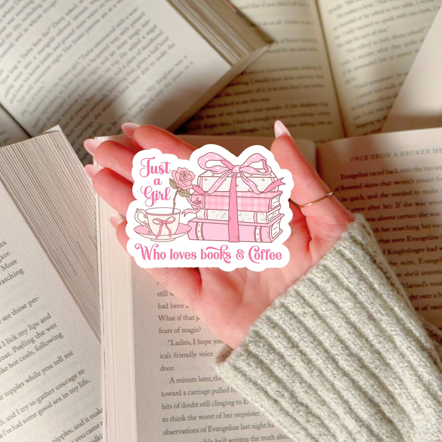 Just a Girl Who Loves Books and Coffee Pink Girlie Bow Coquette  Book Reader Sticker – 3" Waterproof Bookish Sticker with Holo Overlay – Reading, Books, Reader Gift, Book Lover, Bookstore Merch