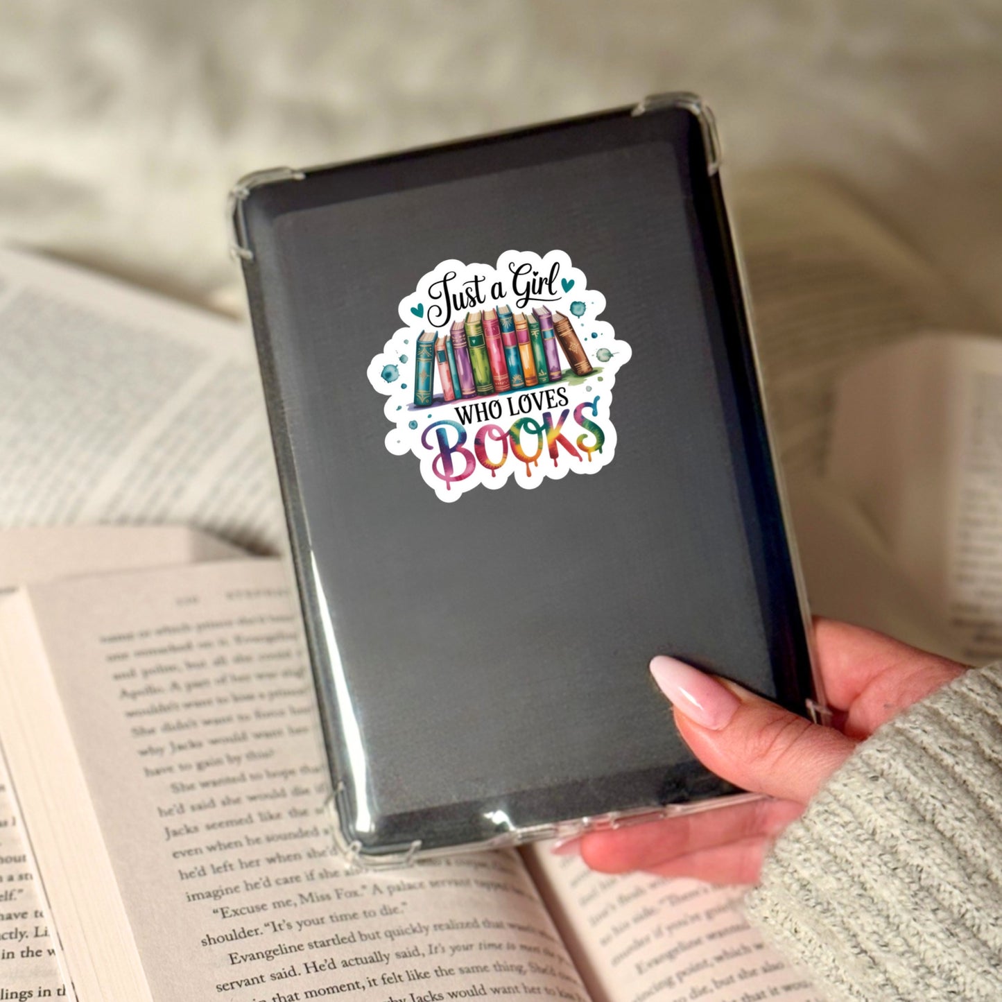 Just a Girl Who Loves Books Colorful Pretty Book Reader Sticker – 3" Waterproof Bookish Sticker with Holo Overlay – Reading, Books, Reader Gift, Book Lover, Bookstore Merch