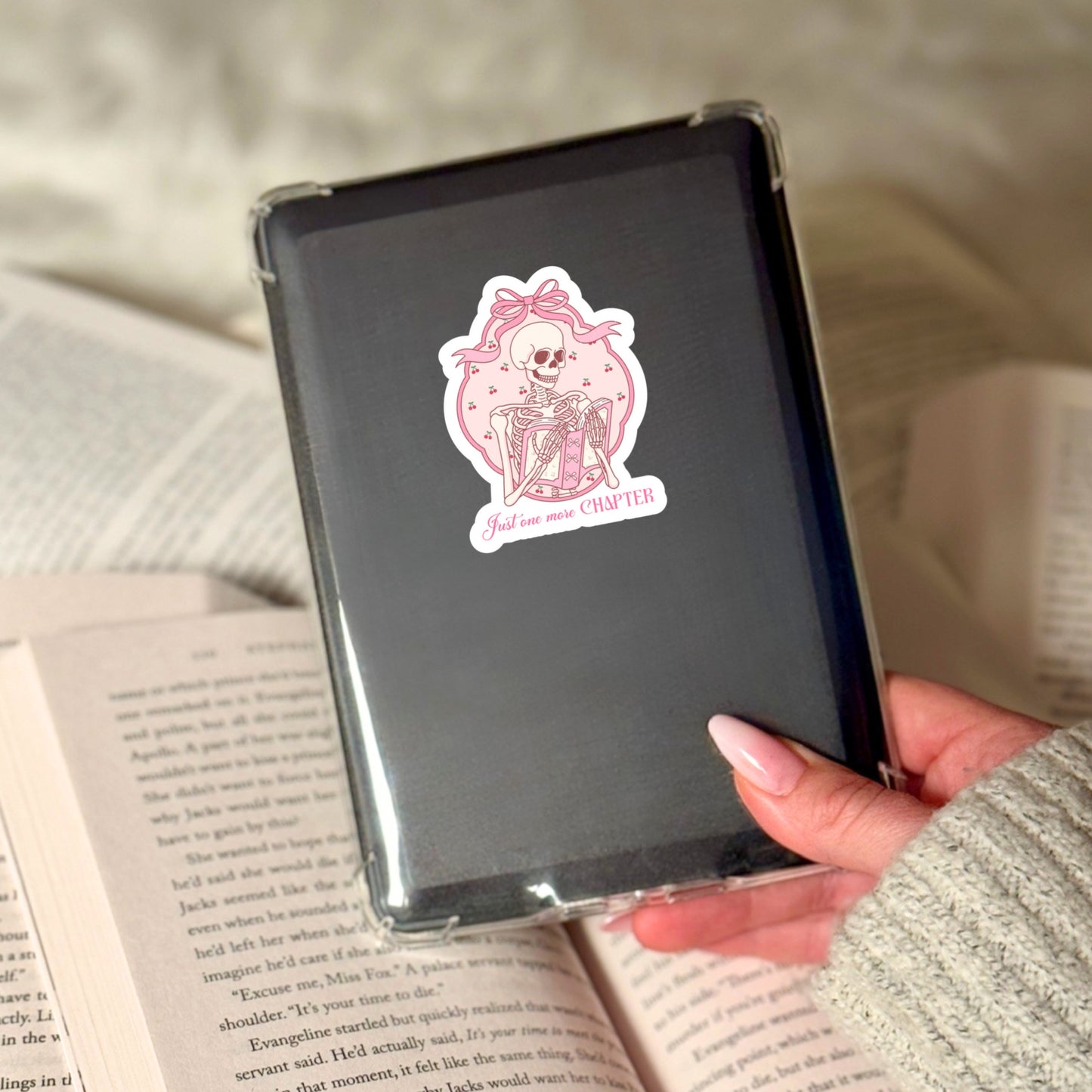 Just One More Chapter Pink Girlie Skeleton Bows Coquette Book Reader Sticker – 3" Waterproof Bookish Sticker with Holo Overlay – Reading, Books, Reader Gift, Book Lover, Bookstore Merch