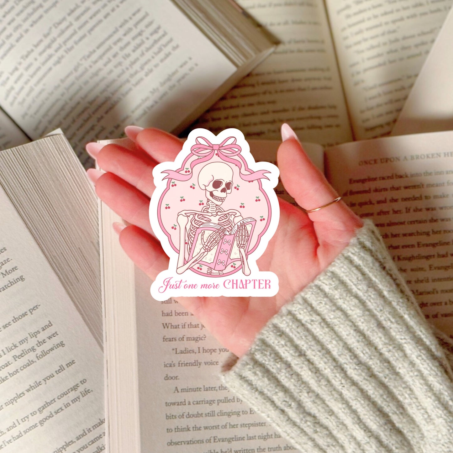 Just One More Chapter Pink Girlie Skeleton Bows Coquette Book Reader Sticker – 3" Waterproof Bookish Sticker with Holo Overlay – Reading, Books, Reader Gift, Book Lover, Bookstore Merch