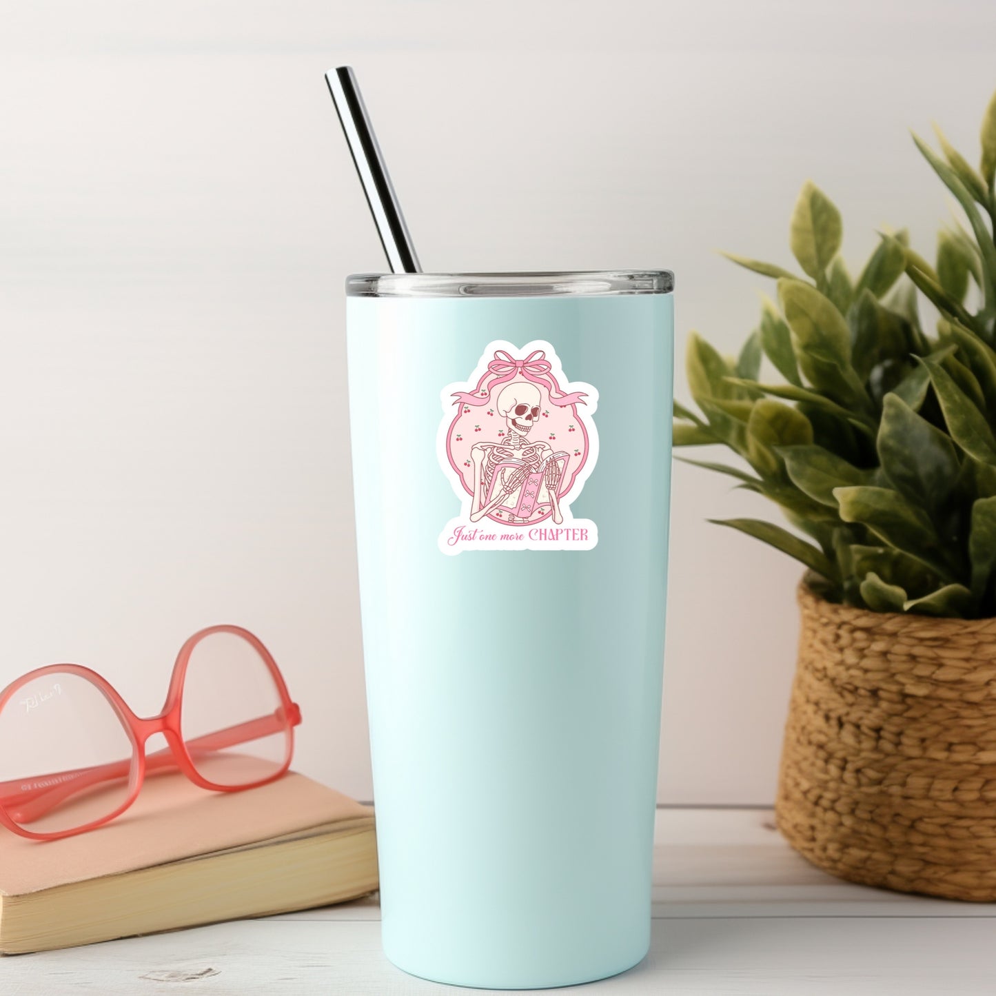 Just One More Chapter Pink Girlie Skeleton Bows Coquette Book Reader Sticker – 3" Waterproof Bookish Sticker with Holo Overlay – Reading, Books, Reader Gift, Book Lover, Bookstore Merch