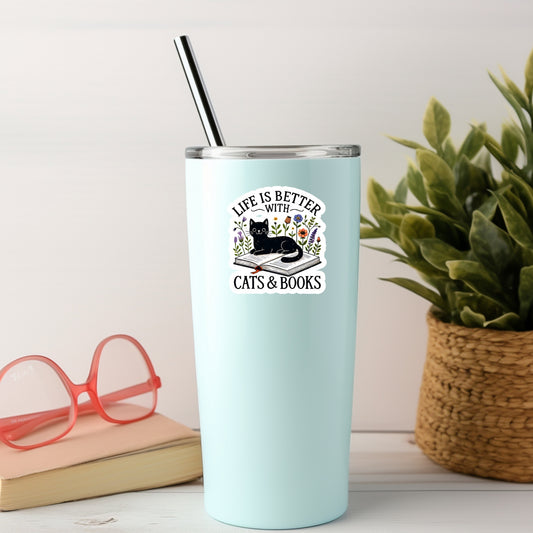 Life is Better with Cats and Books Book Reader Sticker – 3" Waterproof Bookish Sticker with Holo Overlay – Reading, Books, Reader Gift, Book Lover, Bookstore Merch