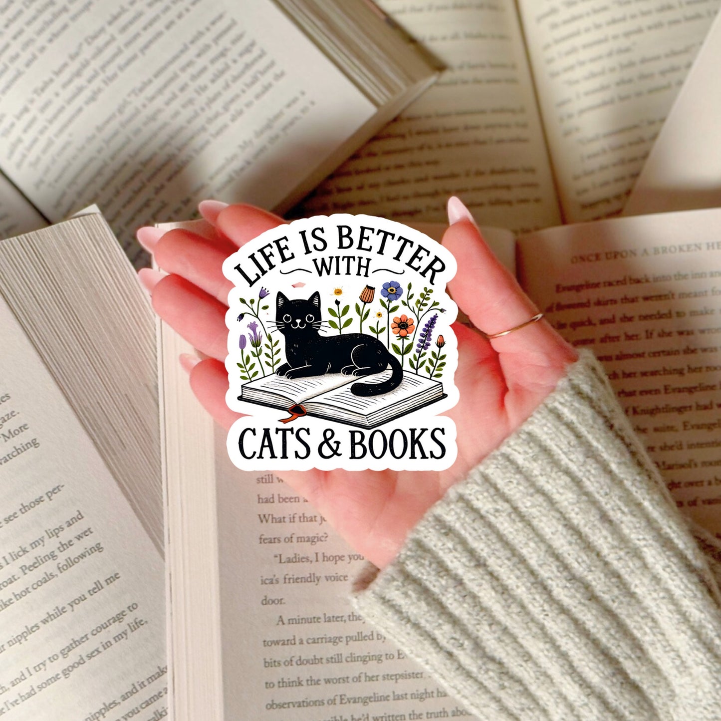 Life is Better with Cats and Books Book Reader Sticker – 3" Waterproof Bookish Sticker with Holo Overlay – Reading, Books, Reader Gift, Book Lover, Bookstore Merch