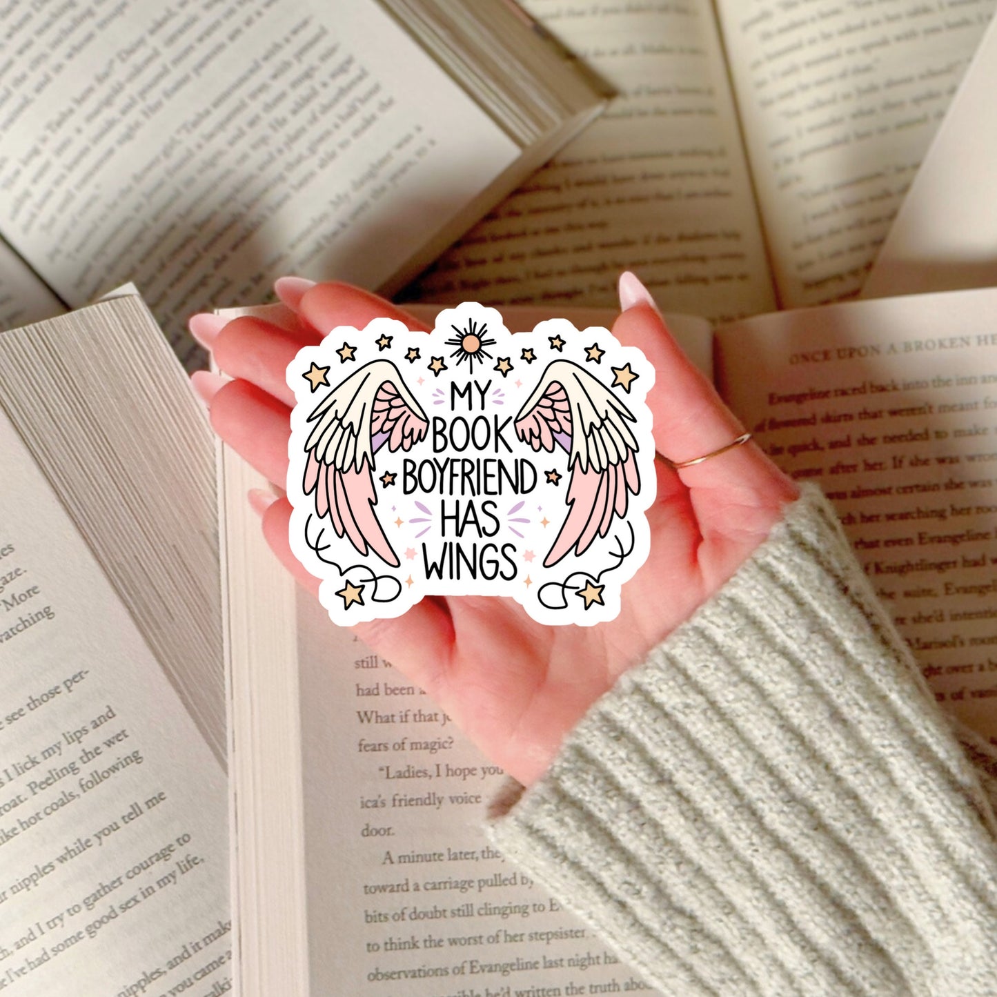 My Book Boyfriend has Wings Book Reader Sticker – 3" Waterproof Bookish Sticker with Holo Overlay – Reader Gift, Book Lover, Bookstore Merch