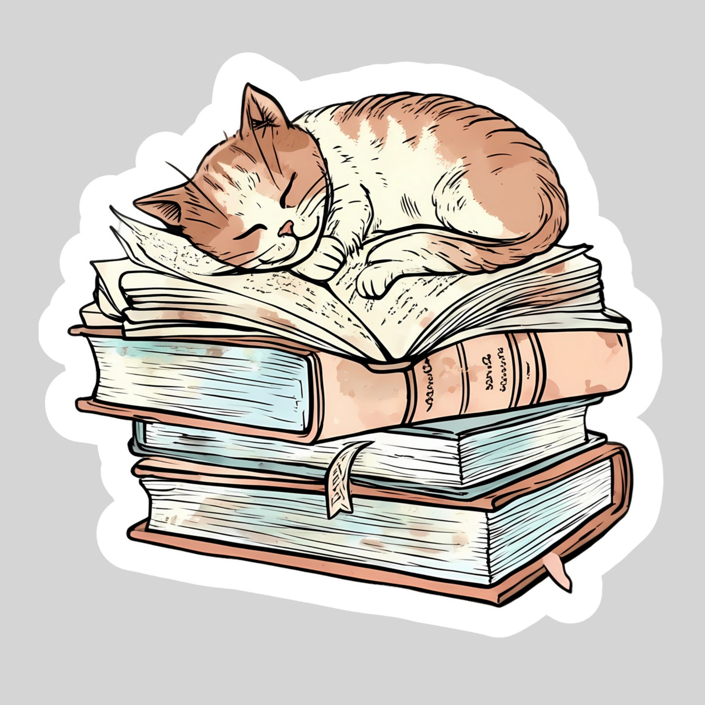 Napping Cat with Books Book Reader Sticker – 3" Waterproof Bookish Sticker with Holo Overlay – Reader Gift, Book Lover, Bookstore Merch