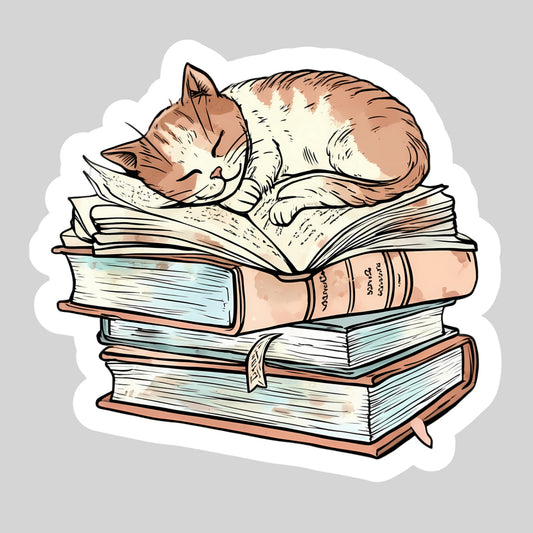 Napping Cat with Books Book Reader Sticker – 3" Waterproof Bookish Sticker with Holo Overlay – Reader Gift, Book Lover, Bookstore Merch