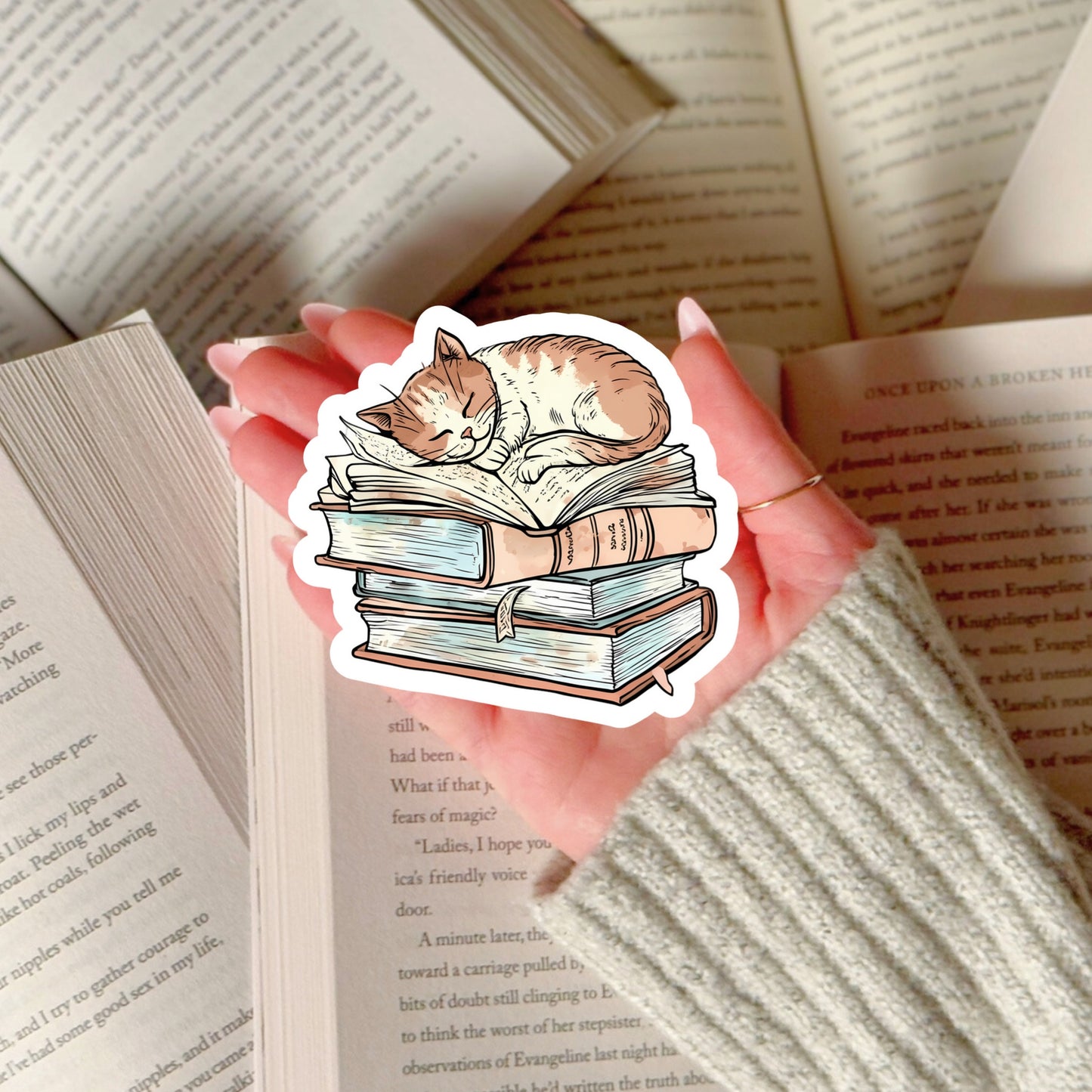Napping Cat with Books Book Reader Sticker – 3" Waterproof Bookish Sticker with Holo Overlay – Reader Gift, Book Lover, Bookstore Merch