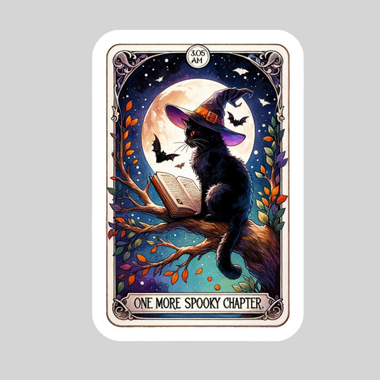 One More Spooky Chapter Tarot Card Book Reader Sticker – 3" Waterproof Bookish Sticker with Holo Overlay – Reading, Books, Reader Gift, Book Lover, Bookstore Merch