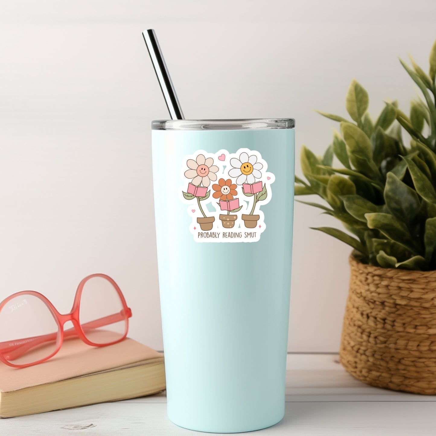 Probably Reading Smut Happy Flowers Book Reader Sticker – 3" Waterproof Bookish Sticker with Holo Overlay – Reading, Books, Reader Gift, Book Lover, Bookstore Merch