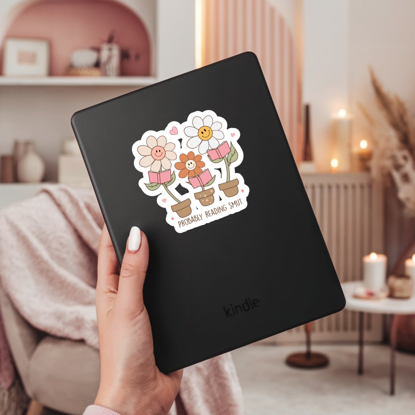 Probably Reading Smut Happy Flowers Book Reader Sticker – 3" Waterproof Bookish Sticker with Holo Overlay – Reading, Books, Reader Gift, Book Lover, Bookstore Merch