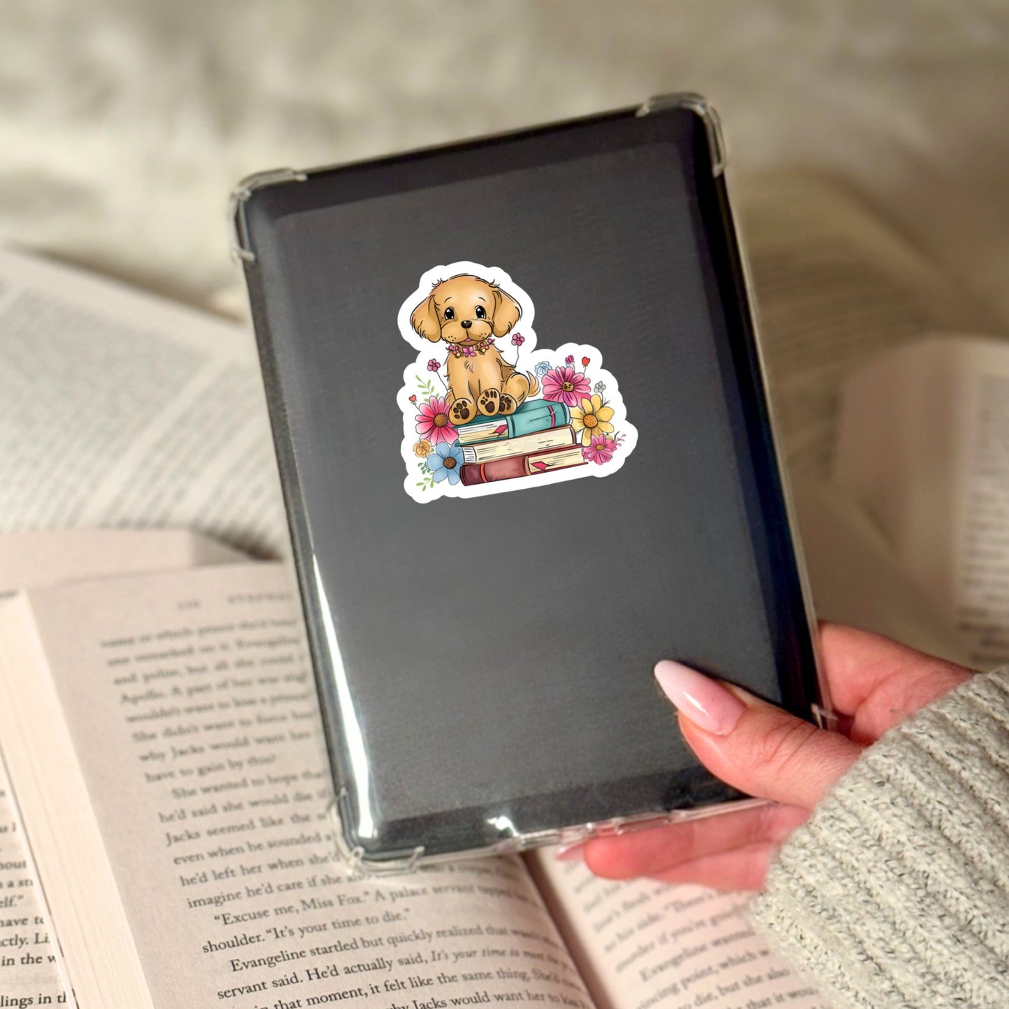 Puppy Dog with Books Book Reader Sticker – 3" Waterproof Bookish Sticker with Holo Overlay – Reading, Books, Reader Gift, Book Lover, Bookstore Merch