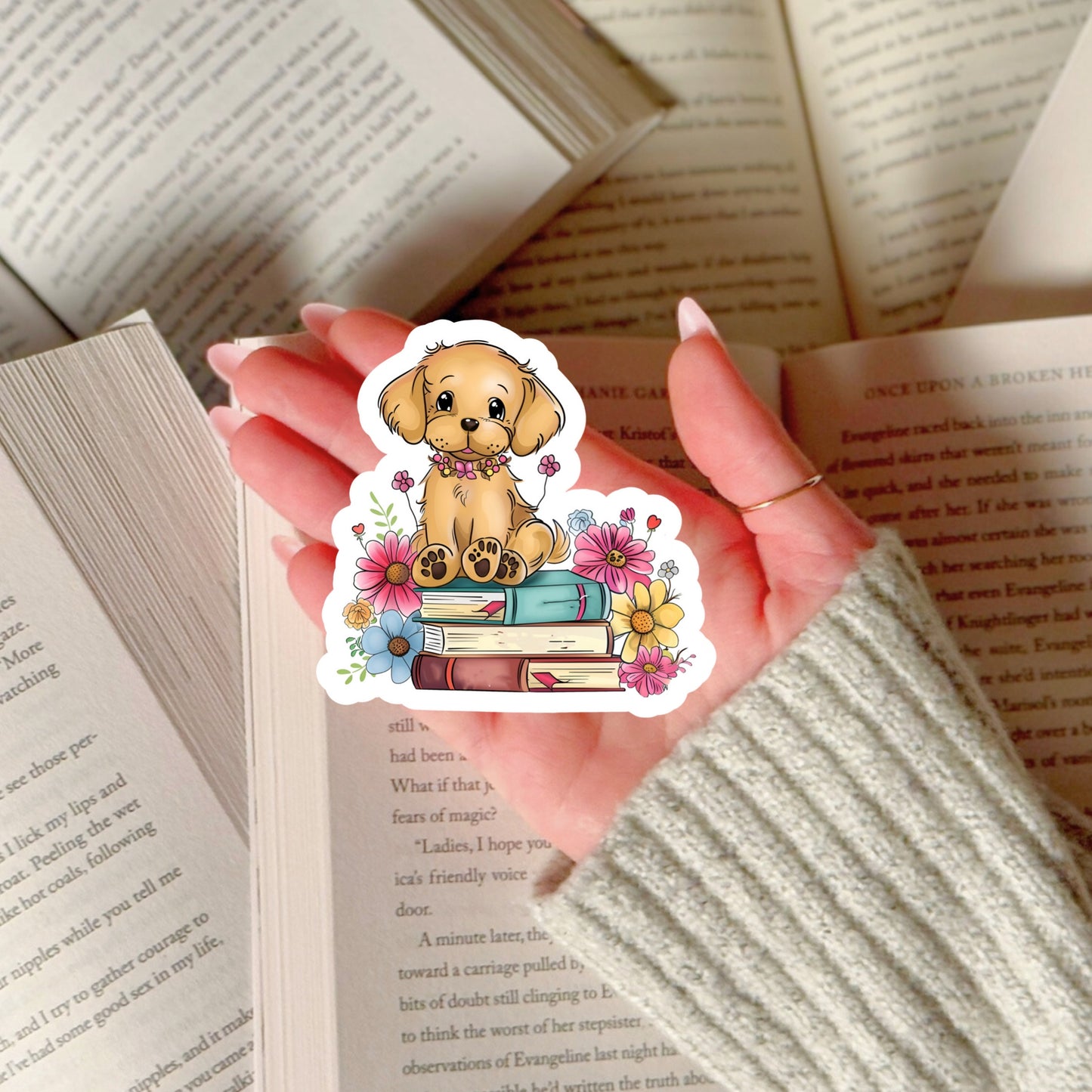 Puppy Dog with Books Book Reader Sticker – 3" Waterproof Bookish Sticker with Holo Overlay – Reading, Books, Reader Gift, Book Lover, Bookstore Merch