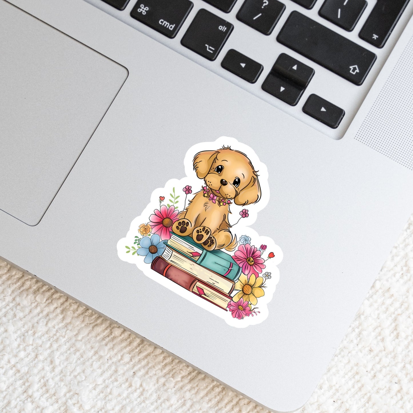 Puppy Dog with Books Book Reader Sticker – 3" Waterproof Bookish Sticker with Holo Overlay – Reading, Books, Reader Gift, Book Lover, Bookstore Merch