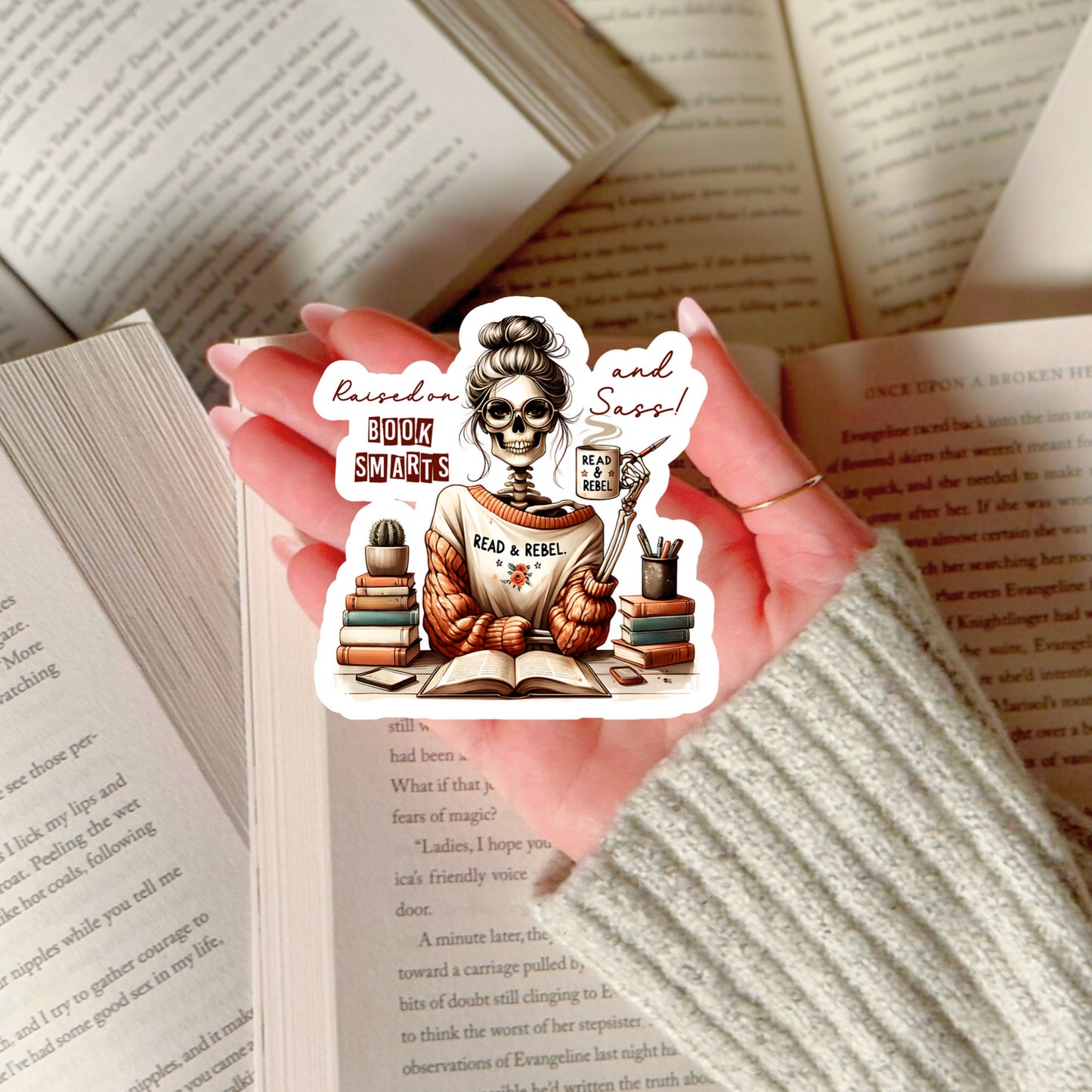 Raised on Books Smarts and Sass Book Reader Sticker – 3" Waterproof Bookish Sticker with Holo Overlay – Reading, Books, Reader Gift, Book Lover, Bookstore Merch