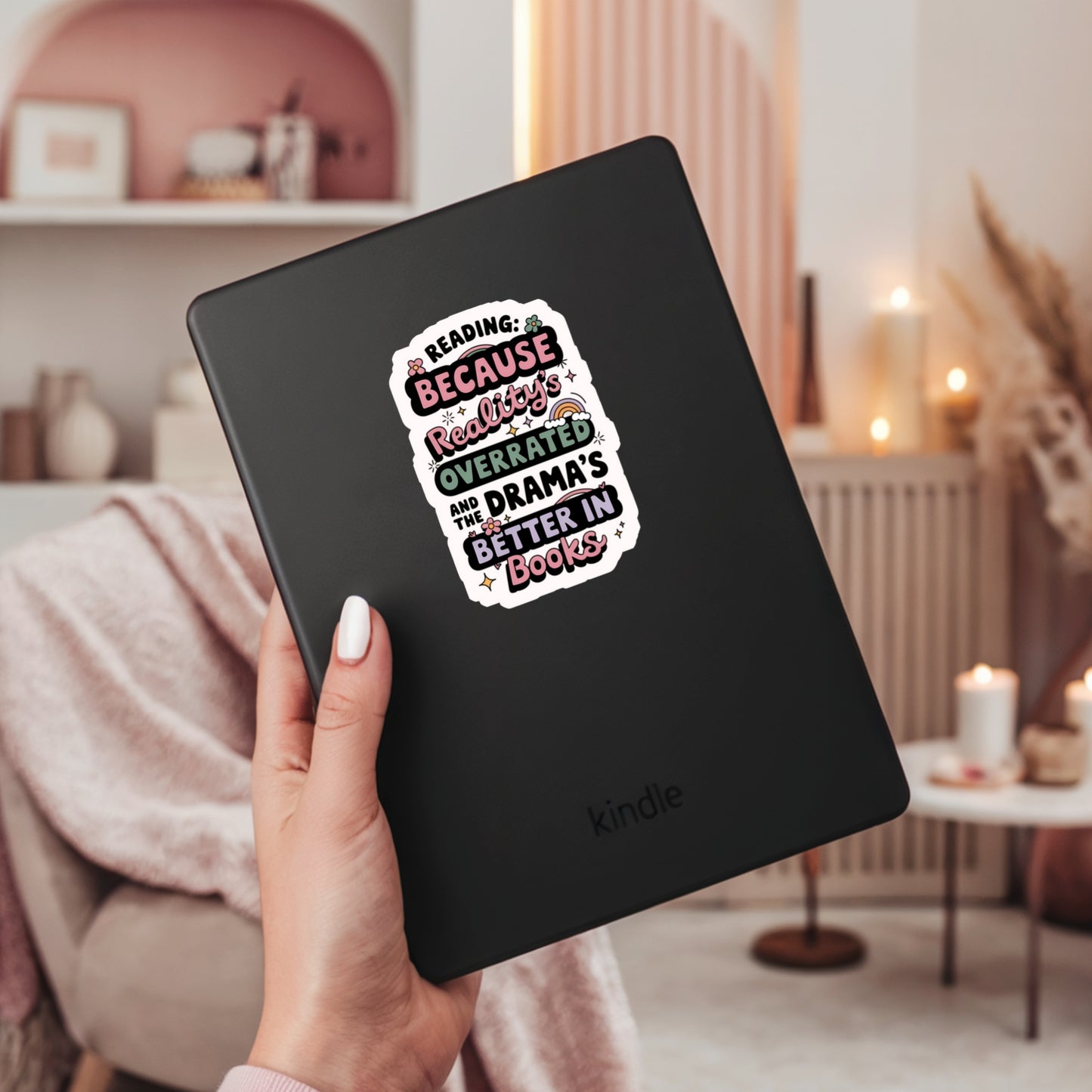 Reading Because Reality is Overrated Book Reader Sticker – 3" Waterproof Bookish Sticker with Holo Overlay – Reading, Books, Reader Gift, Book Lover, Bookstore Merch