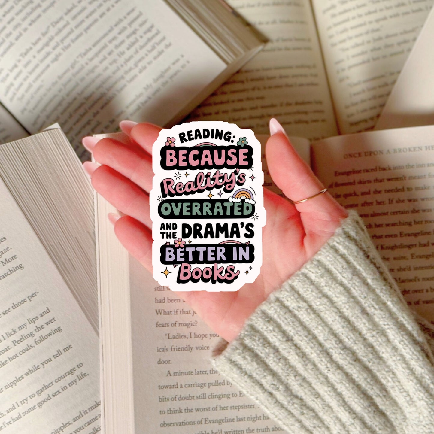 Reading Because Reality is Overrated Book Reader Sticker – 3" Waterproof Bookish Sticker with Holo Overlay – Reading, Books, Reader Gift, Book Lover, Bookstore Merch