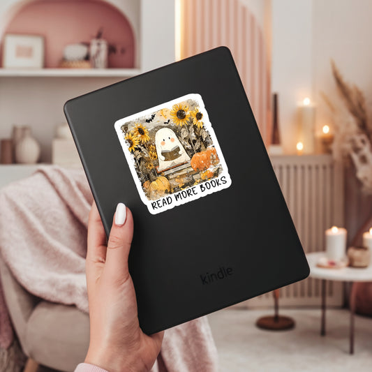 Read More Books Ghost Fall Halloween Book Reader Sticker – 3" Waterproof Bookish Sticker with Holo Overlay – Reading, Books, Reader Gift, Book Lover, Bookstore Merch