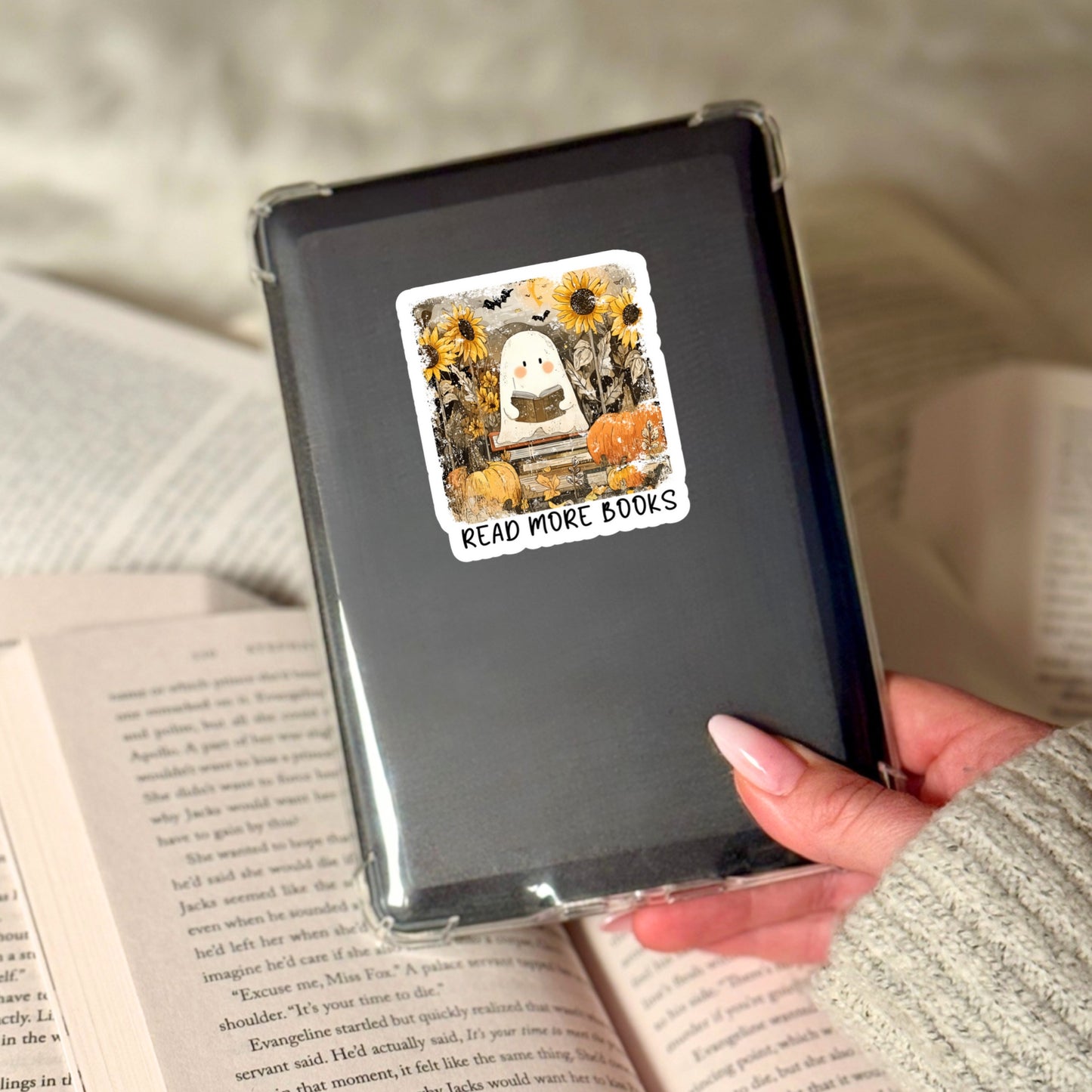Read More Books Ghost Fall Halloween Book Reader Sticker – 3" Waterproof Bookish Sticker with Holo Overlay – Reading, Books, Reader Gift, Book Lover, Bookstore Merch