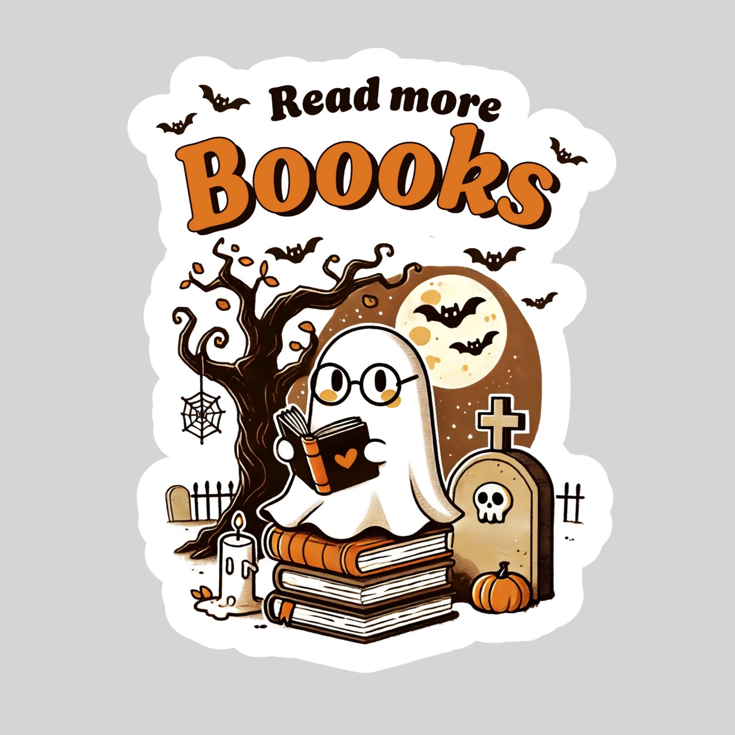 Read More BOOOKS Spooky Ghost Halloween Book Reader Sticker – 3" Waterproof Bookish Sticker with Holo Overlay – Reading, Books, Reader Gift, Book Lover, Bookstore Merch