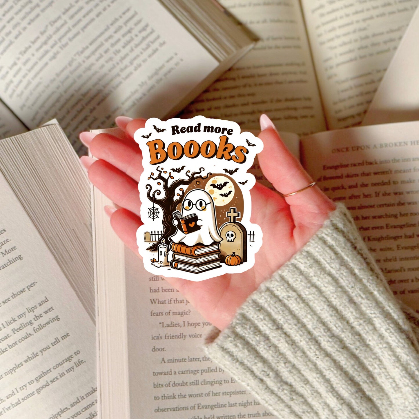 Read More BOOOKS Spooky Ghost Halloween Book Reader Sticker – 3" Waterproof Bookish Sticker with Holo Overlay – Reading, Books, Reader Gift, Book Lover, Bookstore Merch