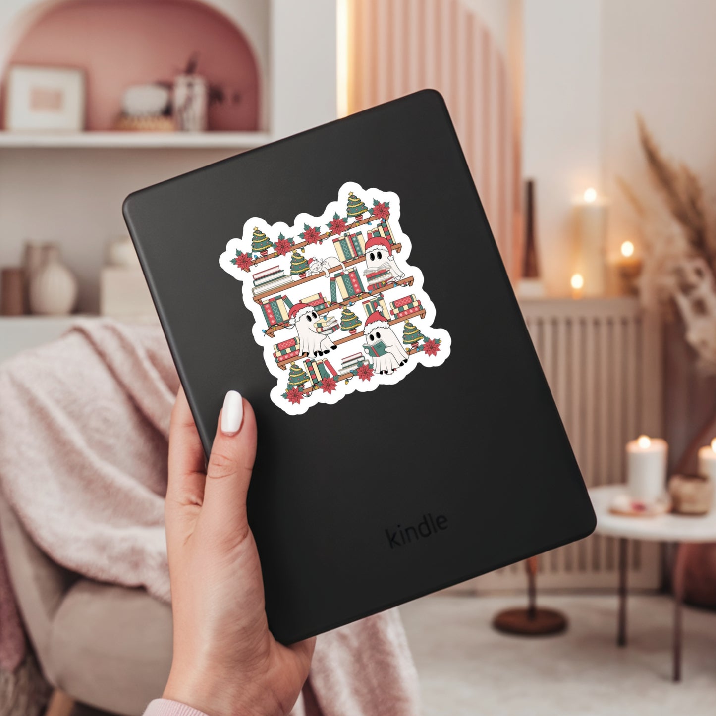 Reading Ghosts Chrostmas Book Reader Sticker – 3" Waterproof Bookish Sticker with Holo Overlay – Reading, Books, Reader Gift, Book Lover, Bookstore Merch
