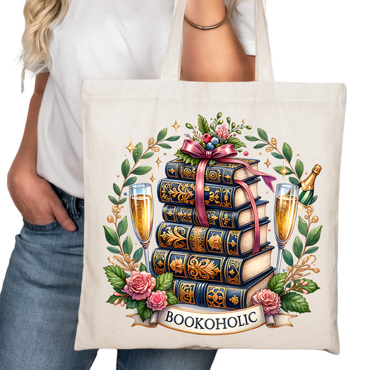 Bookaholic Champagne Bookish Tote Bag – Reading Tote for Book Lovers – Book Reader Bag - Romance Reader Tote - Book Store Merchandise