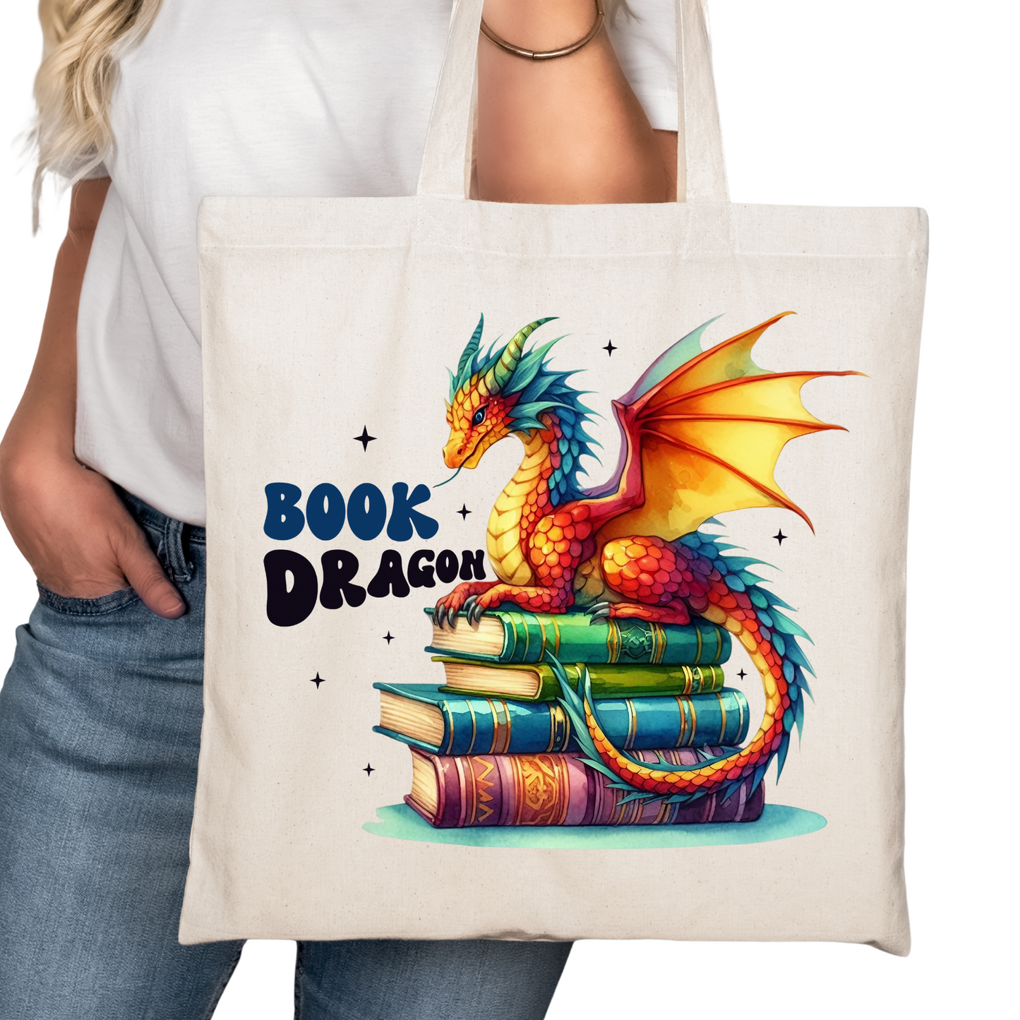 Book Dragon Bookish Tote Bag – Reading Tote for Book Lovers – Book Reader Bag - Romance Reader Tote - Book Store Merchandise