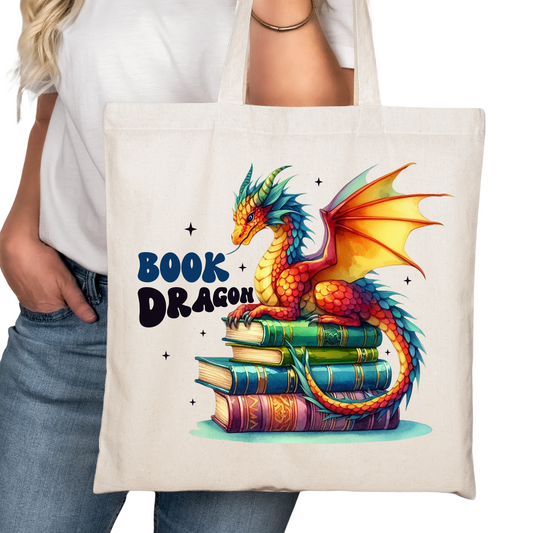 Book Dragon Bookish Tote Bag – Reading Tote for Book Lovers – Book Reader Bag - Romance Reader Tote - Book Store Merchandise