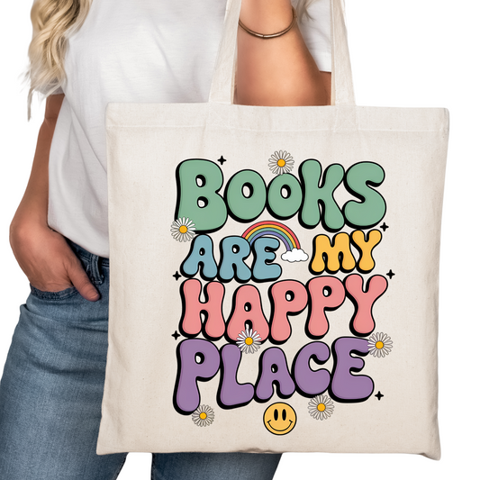 Books are My Happy Place Bookish Tote Bag – Reading Tote for Book Lovers – Book Reader Bag - Romance Reader Tote - Book Store Merchandise