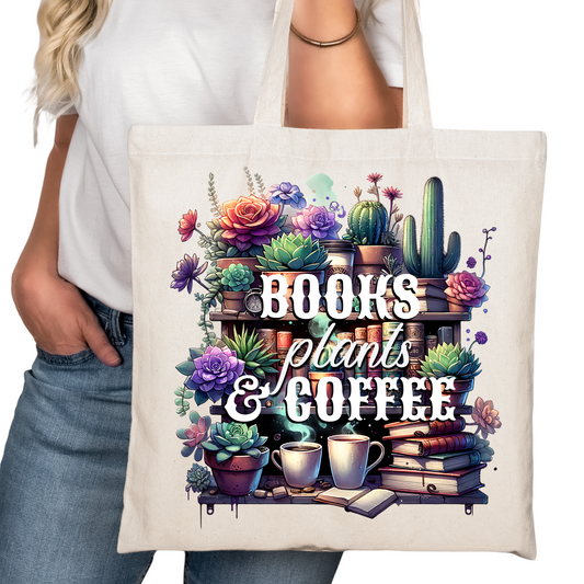 Books Plants and Coffee Bookish Tote Bag – Reading Tote for Book Lovers – Book Reader Bag - Romance Reader Tote - Book Store Merchandise