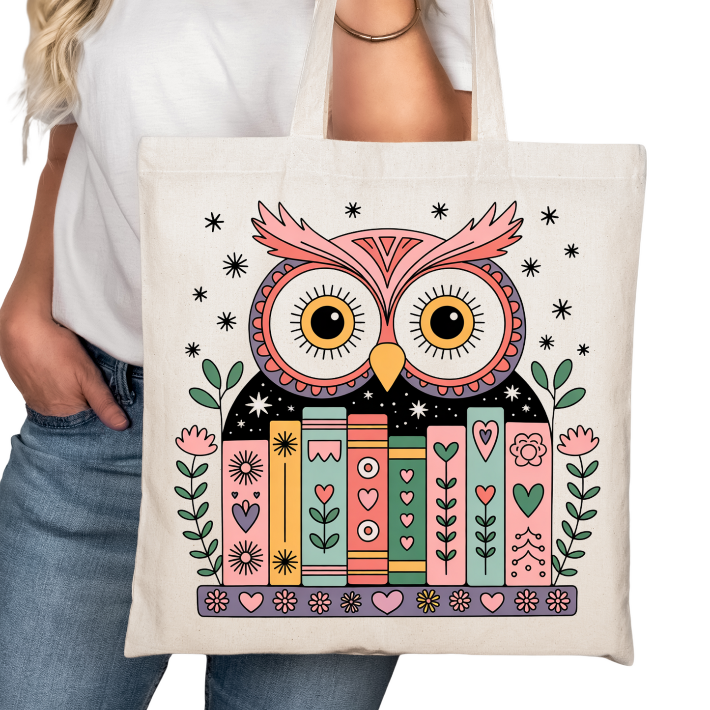 Books With Owl Bookish Tote Bag – Reading Tote for Book Lovers – Book Reader Bag - Romance Reader Tote - Book Store Merchandise