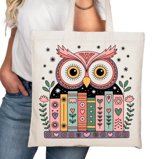Books With Owl Bookish Tote Bag – Reading Tote for Book Lovers – Book Reader Bag - Romance Reader Tote - Book Store Merchandise