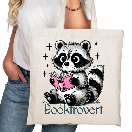 Booktrovert Racoon Bookish Tote Bag – Reading Tote for Book Lovers – Book Reader Bag - Romance Reader Tote - Book Store Merchandise