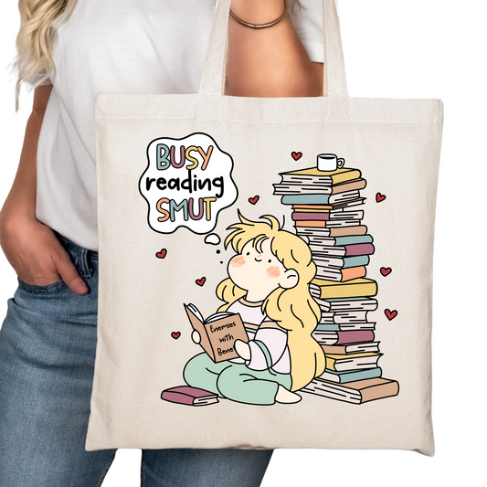 Busy Reading Smut Bookish Tote Bag – Reading Tote for Book Lovers – Book Reader Bag - Romance Reader Tote - Book Store Merchandise