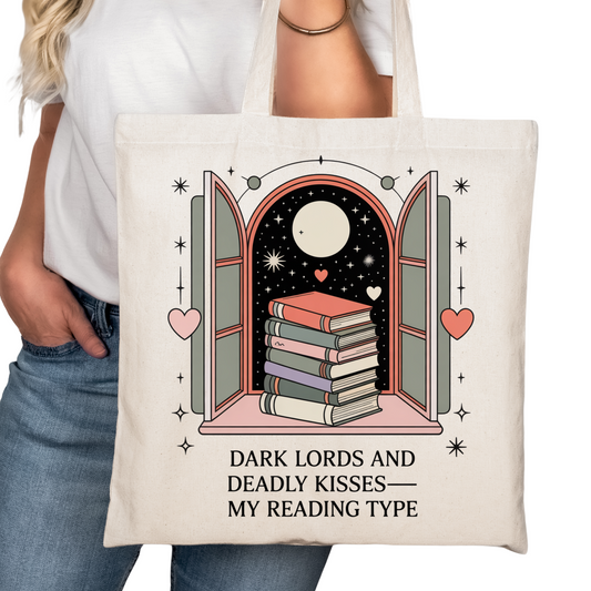 Dark Lords Deadly Kisses Bookish Tote Bag – Reading Tote for Book Lovers – Book Reader Bag - Romance Reader Tote - Book Store Merchandise