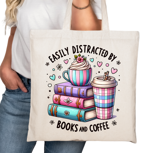 Easily Distracted Books Coffee Bookish Tote Bag – Reading Tote for Book Lovers – Book Reader Bag - Romance Reader Tote - Book Store Merchandise