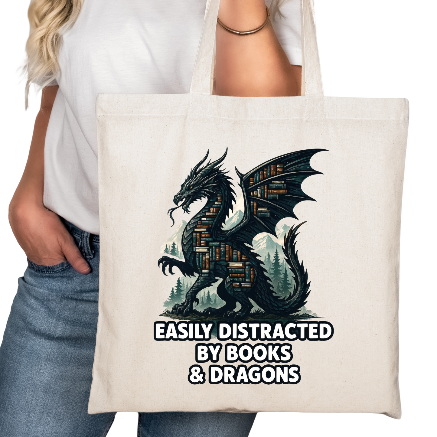 Distracted by Books and Dragons Bookish Tote Bag – Reading Tote for Book Lovers – Book Reader Bag - Romance Reader Tote - Book Store Merchandise