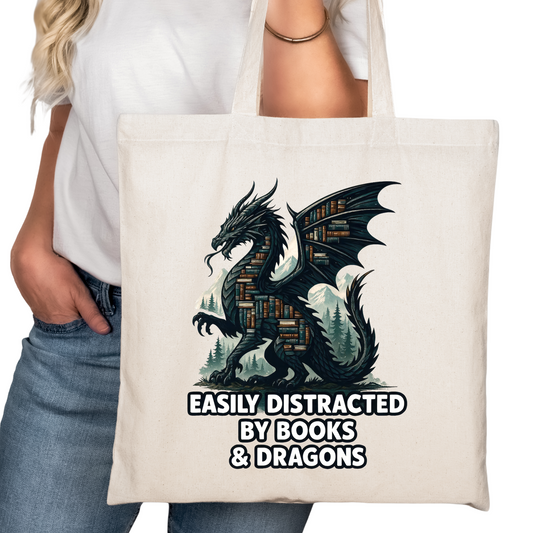 Distracted by Books and Dragons Bookish Tote Bag – Reading Tote for Book Lovers – Book Reader Bag - Romance Reader Tote - Book Store Merchandise