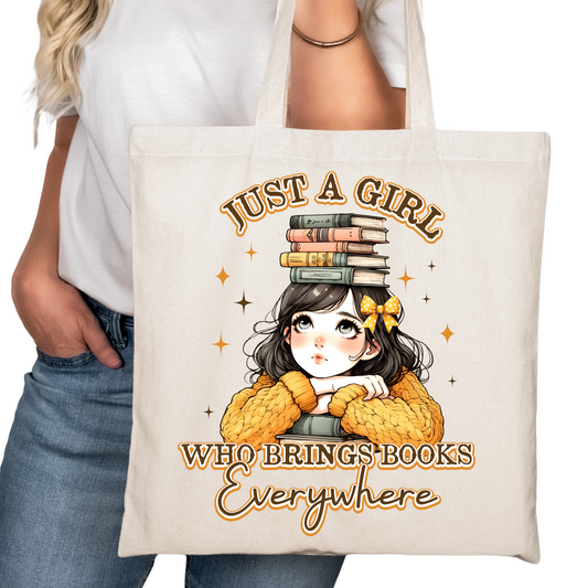 Girl Who Brings Books Everywhere Bookish Tote Bag – Reading Tote for Book Lovers – Book Reader Bag - Reader Tote - Book Store Merchandise